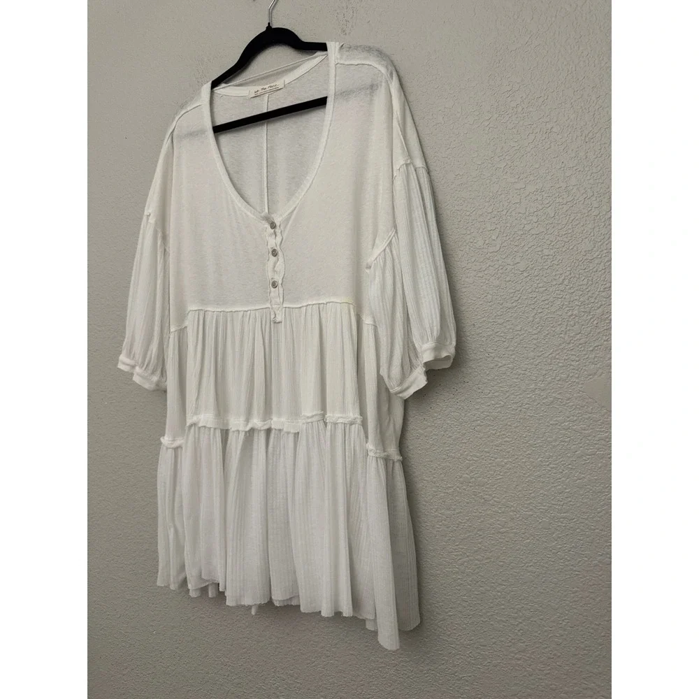 Free People We The Free Skye Tee Tiered Babydoll Henley Tunic Top White Small